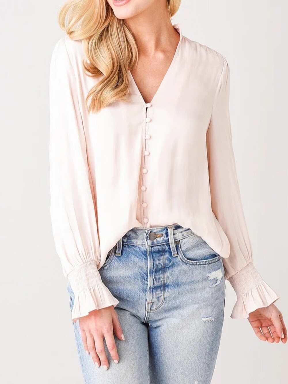 BB Dakota Do No Wrong Top Soft Blush Button-Front Ruffle Blouse Size M